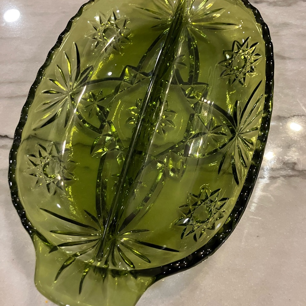 Vintage Anchor Hocking Green Glass Divided relish Dish